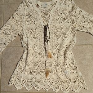 Cream Crochet Tunic with Lace-Up Detail